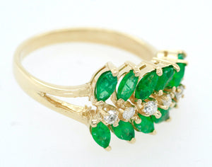 Vintage 0.50ctw Emerald & Diamond Leaf Band Ring in 14k Yellow Gold | Size 6