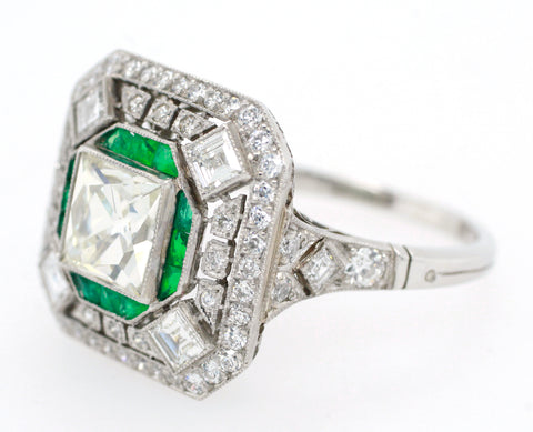 Antique Art Deco 2.50ctw French Cut Diamond & Emerald Cocktail Ring - Platinum