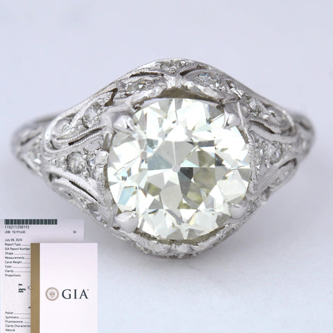 GIA 1920s Antique Art Deco Solid Platinum 3.45ct Round Diamond Engagement Ring