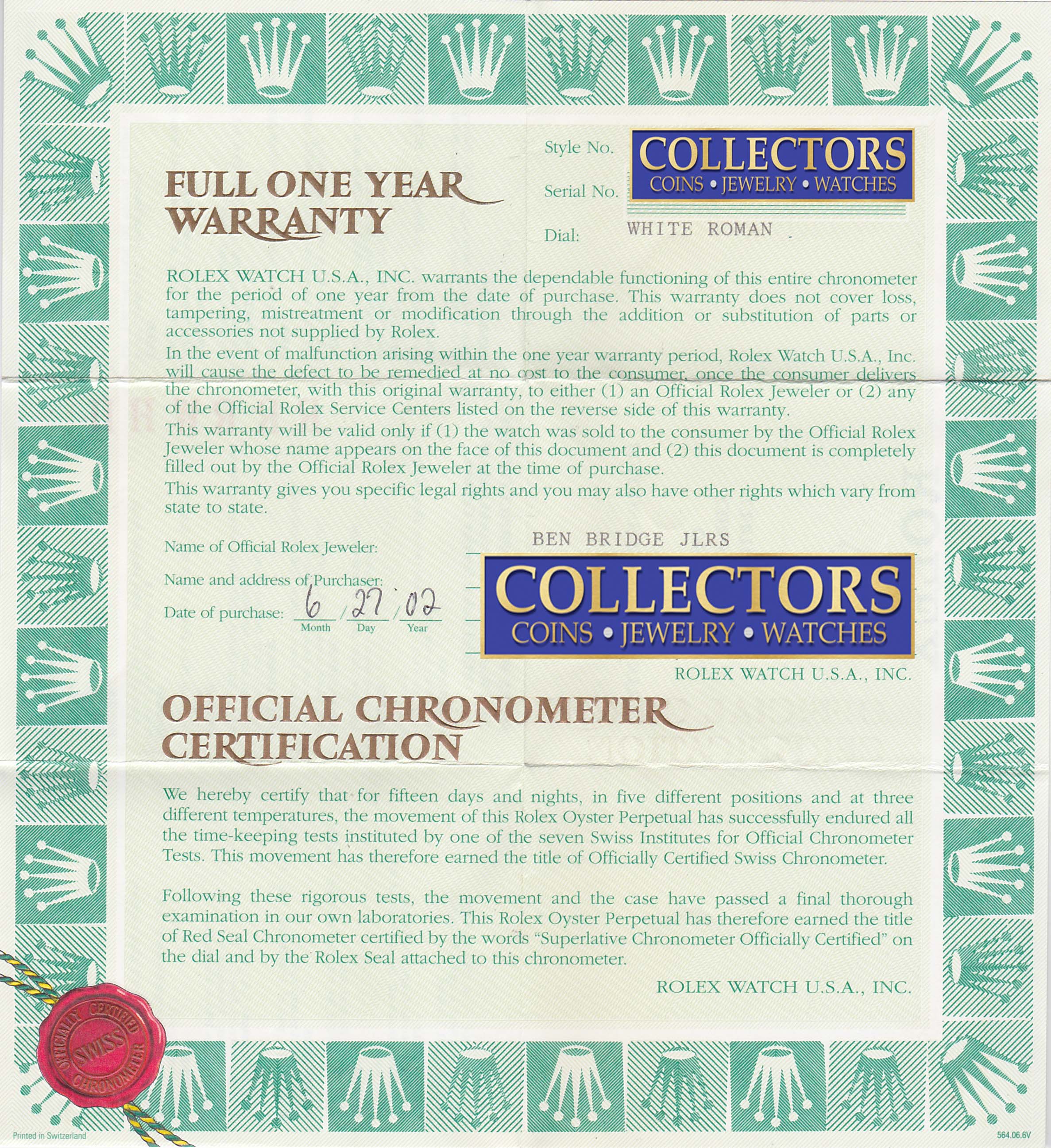WARRANTY PAPERS Rolex DateJust 36mm 16220 White Roman Jubilee Date Watch Box
