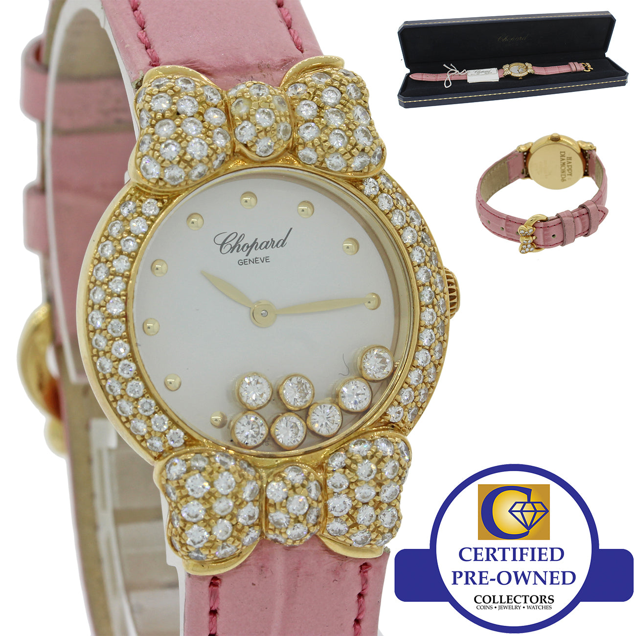 Ladies Chopard Happy 7 Floating Diamond 20/6556 18k Gold Bow Pink Watch B&P J8