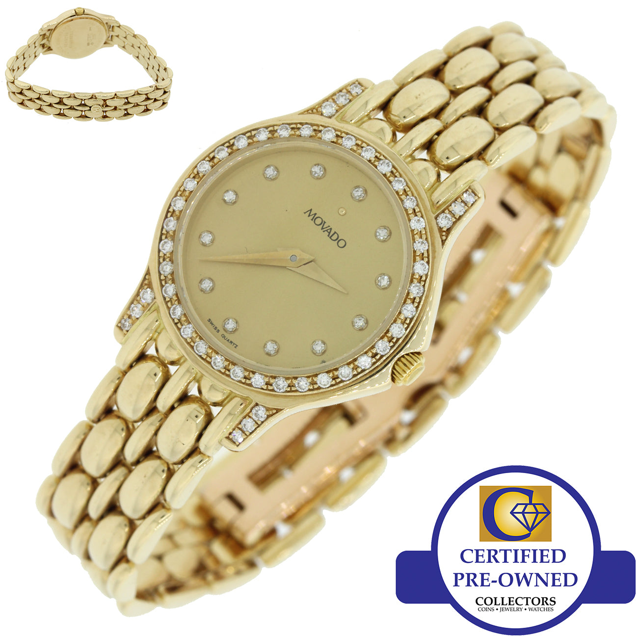 Ladies Movado Solid 14k Yellow Gold Quartz Diamond 22mm 75259809 Dress Watch 
