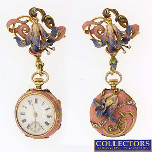 Antique Victorian Solid 18k Yellow Gold Enamel Flower Diamond Pocket Watch Brooch Y8