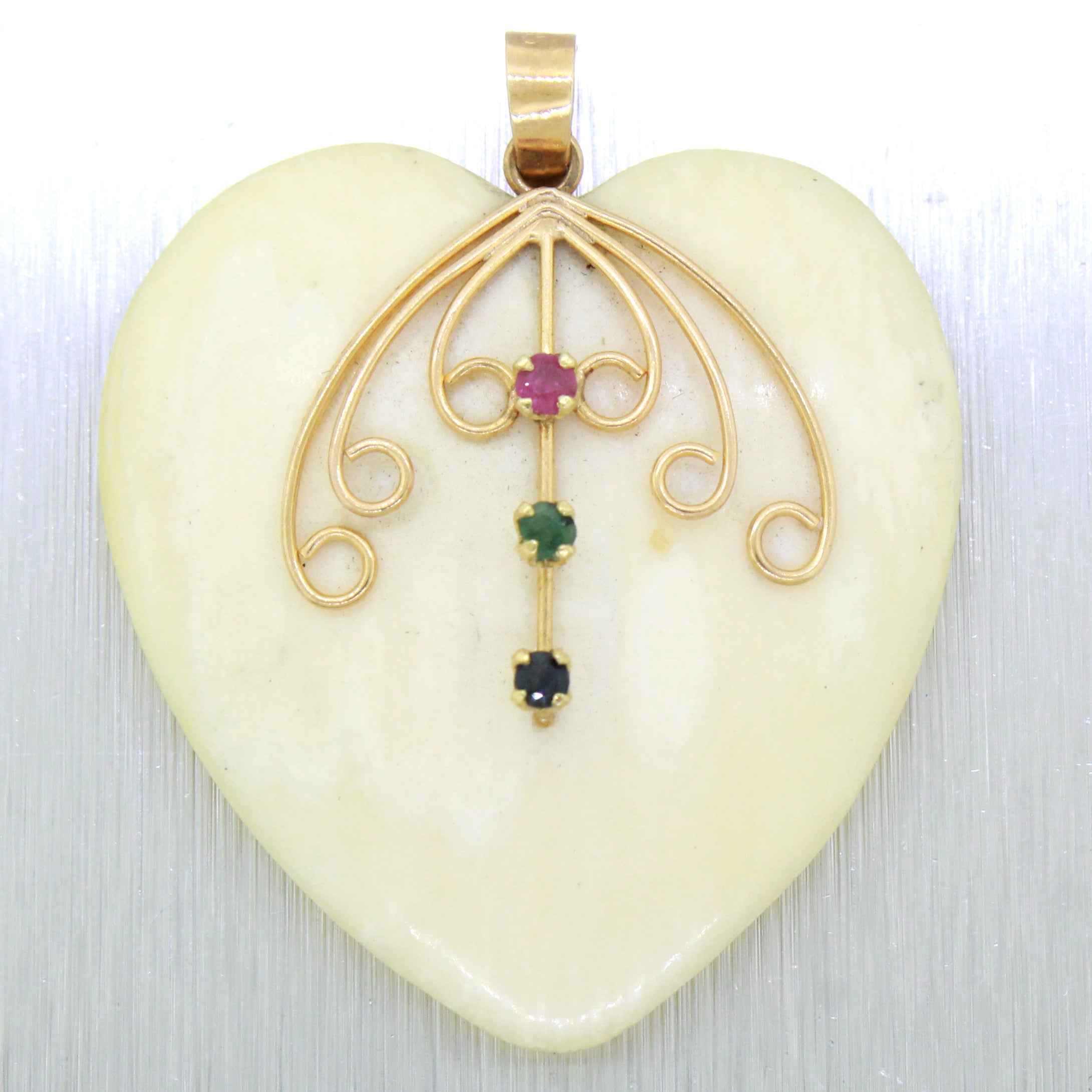 Vintage 14k Solid Yellow Gold Ruby Sapphire & Emerald Creme Heart Pendant