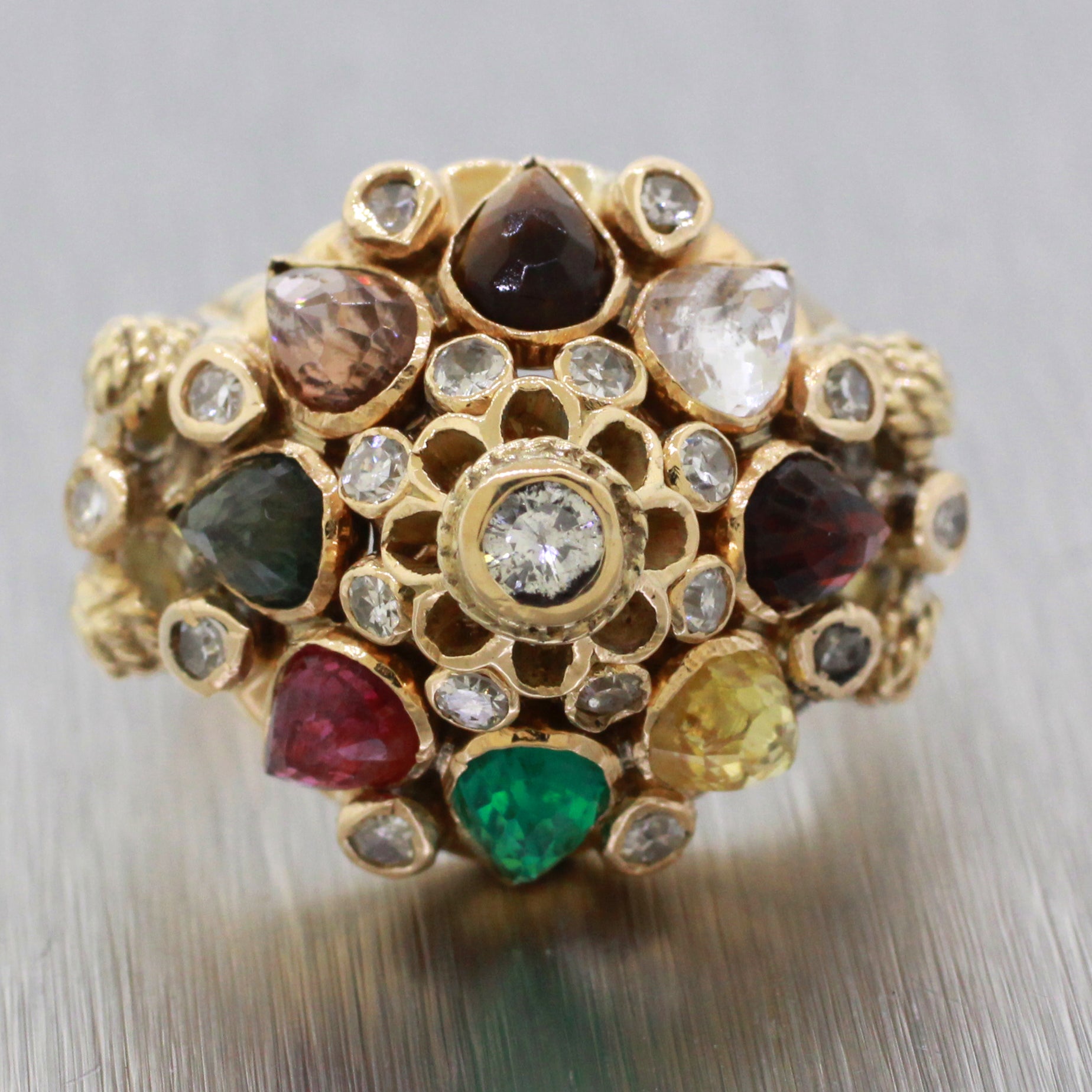 Vintage 18k Yellow Gold Multi Gemstone & Diamond Cocktail Ring