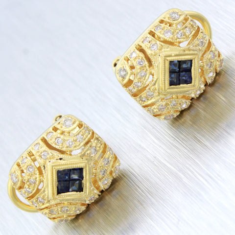 Vintage 18k Solid Yellow Gold 0.50ctw Sapphire and Diamond Huggie Earrings