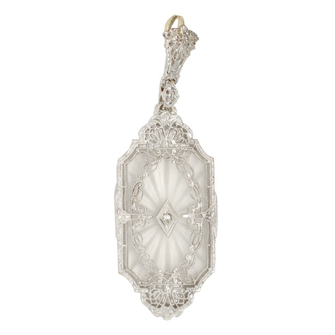 Antique Art Nouveau 0.03ct Diamond & Resin Rectangle Pendant in 14k White Gold