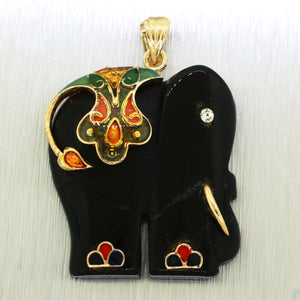 Vintage Carved Black Onyx Elephant Pendant Charm - 14k Solid Yellow Gold