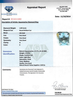 14k Gold 15.07ct Natural Aquamarine Diamond Sapphire Cocktail Ring AGI $10500 G8