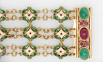 Art Nouveau Emerald & Garnet Enamel Chain Bracelet in 18k Yellow Gold - 6.50"