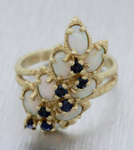Vintage Estate 14k Solid Yellow Gold 2ctw Opal and Sapphire Cocktail Ring