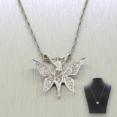 Antique Art Deco 14k White Gold 0.25ctw Diamond Butterfly Pendant Necklace 18"