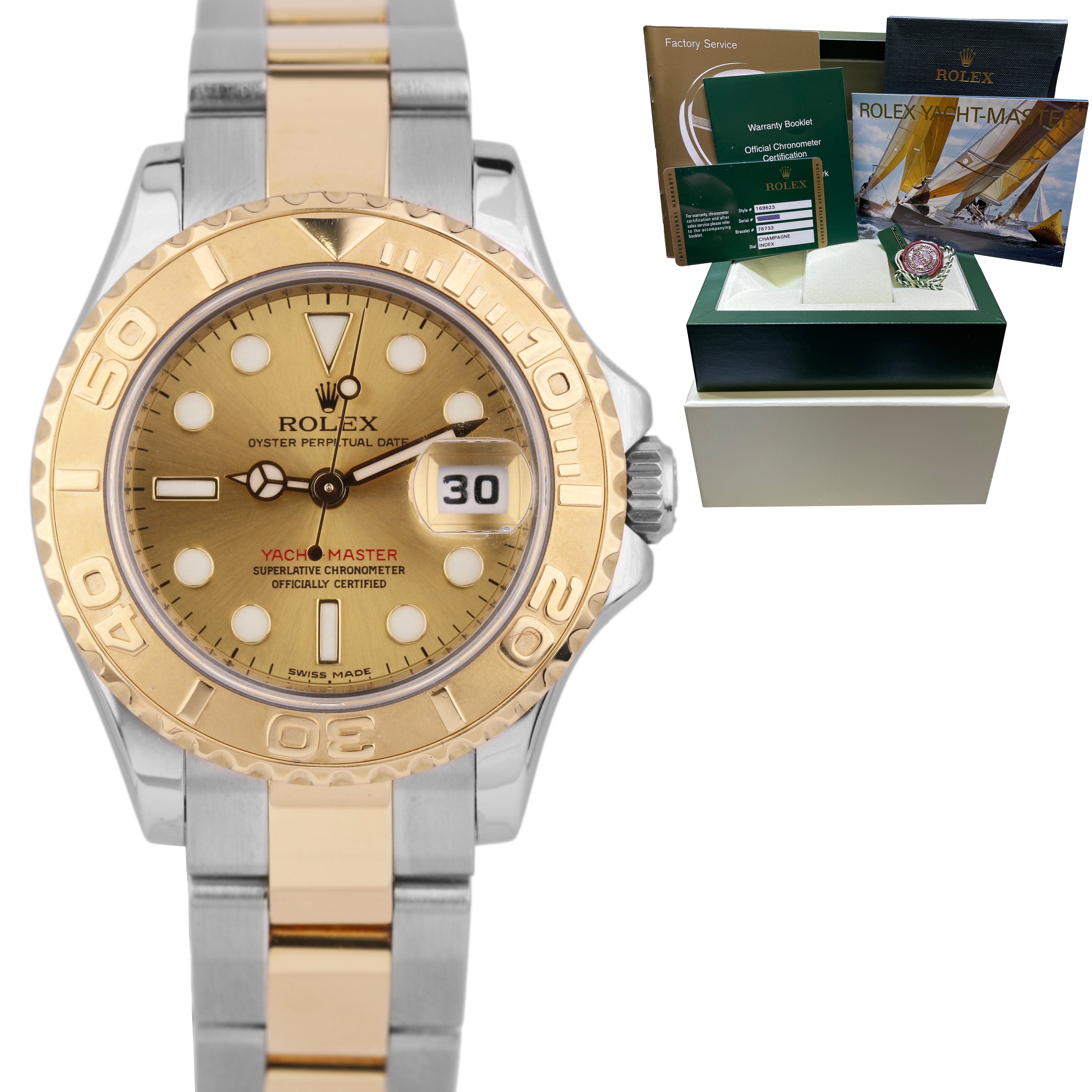 2011 REHAUT Ladies Rolex Yacht-Master 29mm 18K Gold Steel Champagne Watch 169623