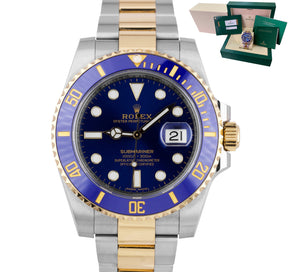 2017 Sunburst Rolex Submariner Ceramic 116613 LB Two-Tone Gold Blue Dive Watch