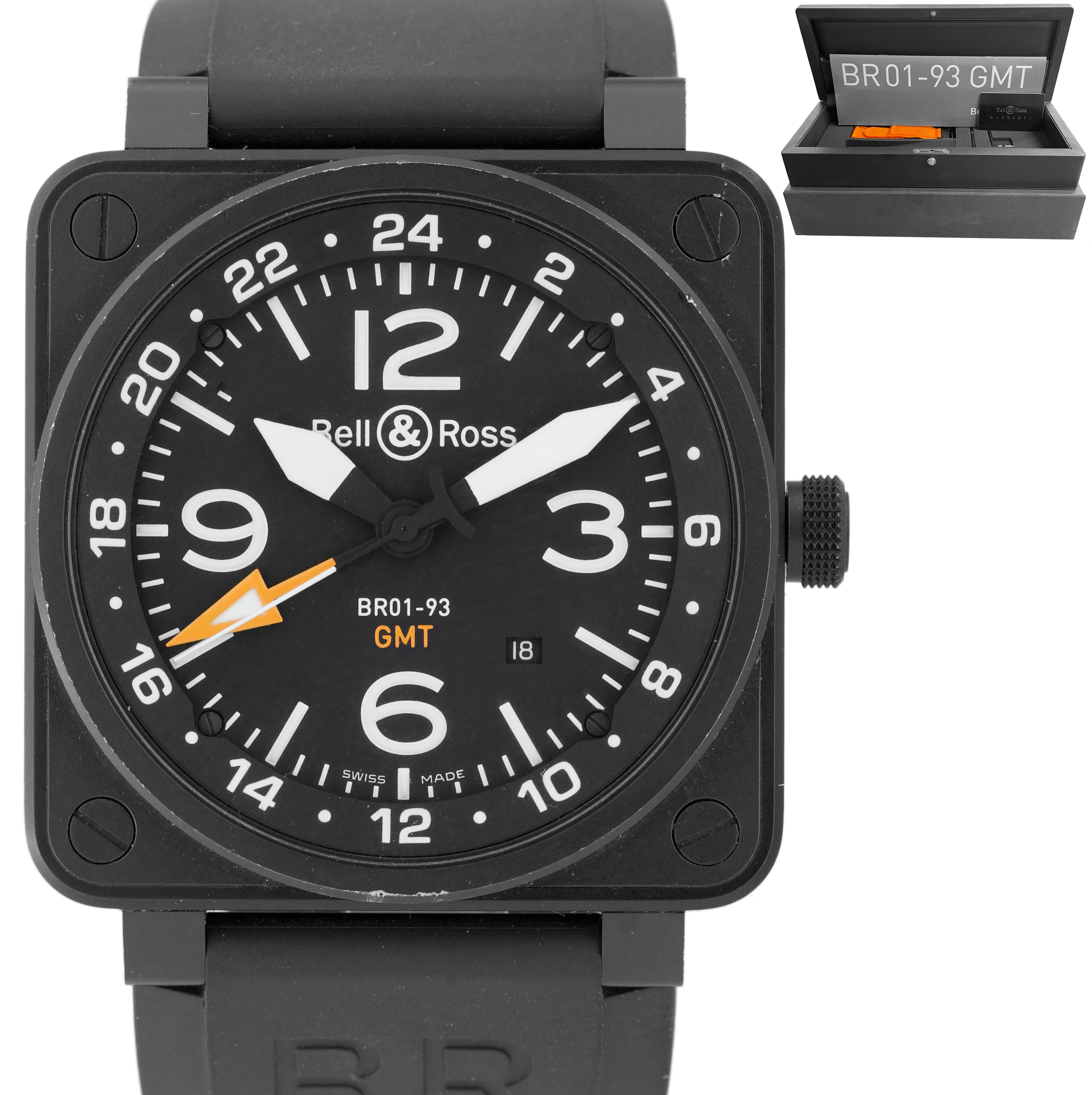 Men's Bell & Ross BR01-93 GMT Black PVD Stainless Steel Orange 46mm Square Watch