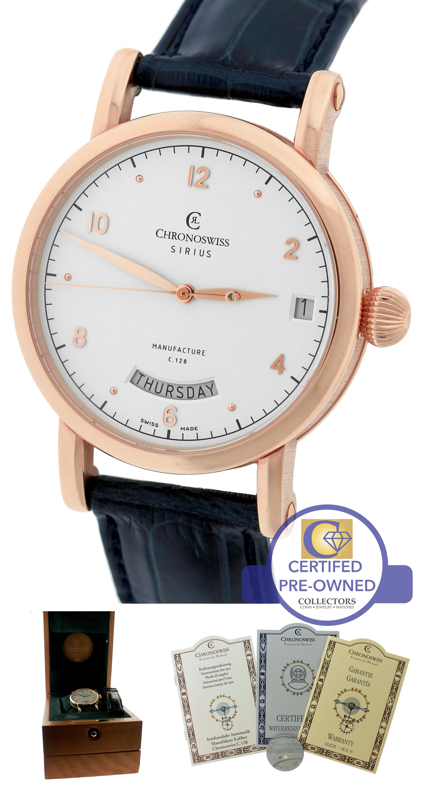 Men's Chronoswiss Day Date Sirius Manufacture 40mm Rose Gold CH-1921R Watch