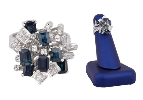 Womens Modern Ornate 18K White Gold 0.27ctw Diamond & Blue Sapphire Cluster Ring