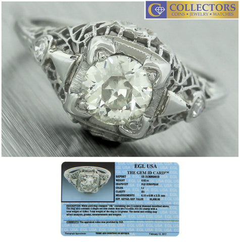 Antique Art Deco 18K White Gold Filigree 0.88ctw Diamond Engagement Ring EGL USA
