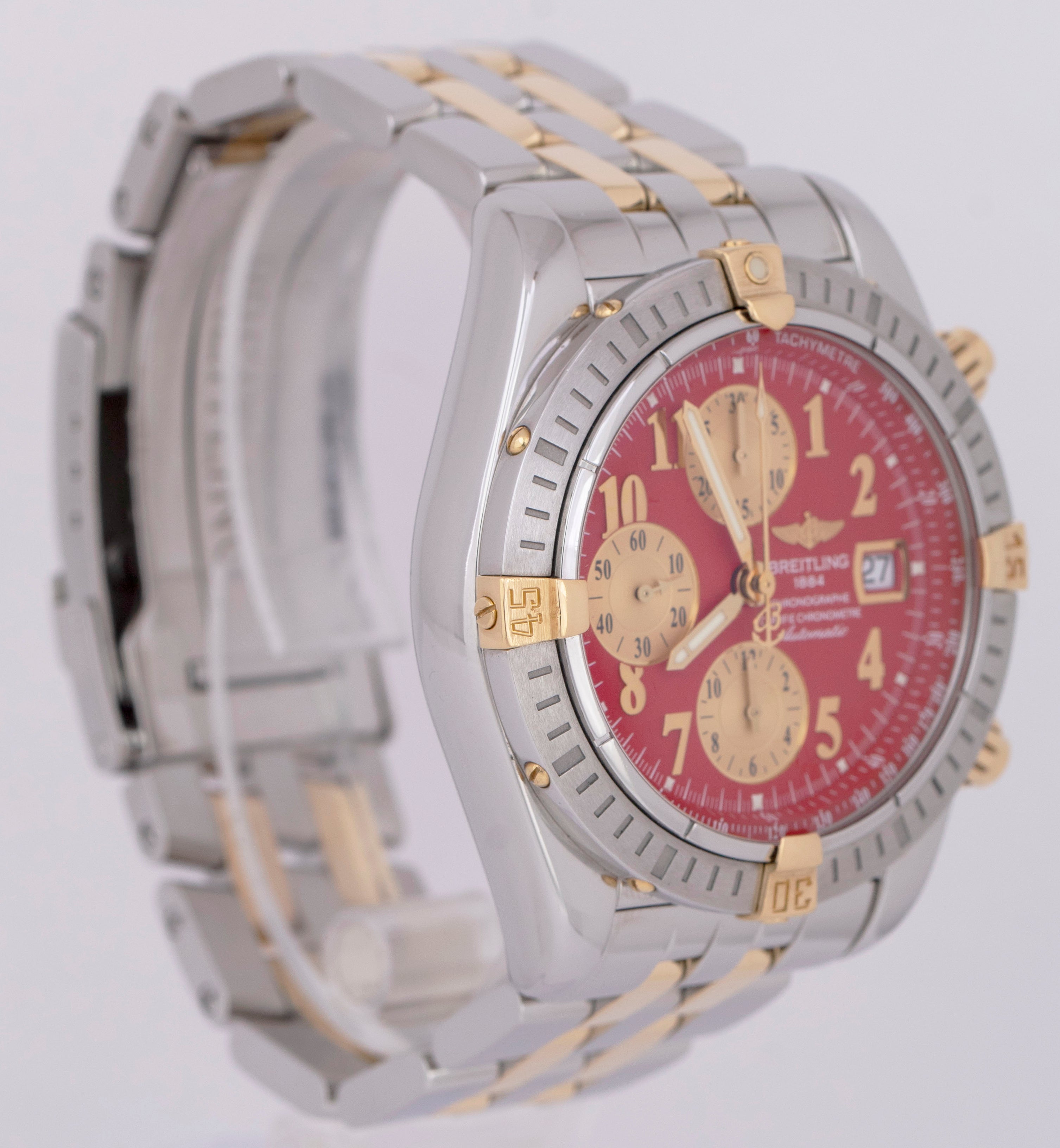 MINT Breitling Chronomat Evolution RED Two-Tone 44mm Gold Steel Watch B13356 BOX
