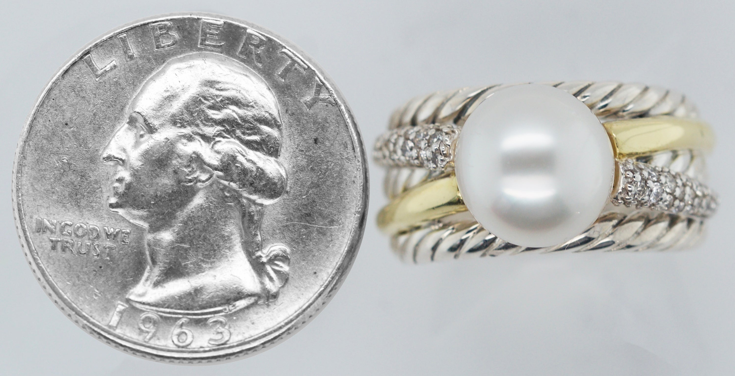 David Yurman Sterling Silver 13.3g 18k Yellow Gold  0.44ct Diamond Pearl Ring