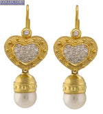 Ladies 14K 585 Yellow Gold 0.62ctw Diamond Heart Pearl Drop Dangle Earrings