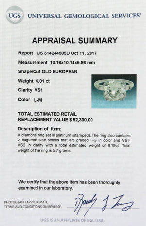 Exquisite Ladies Estate Platinum 4.01ct Diamond Engagement Ring EGL USA