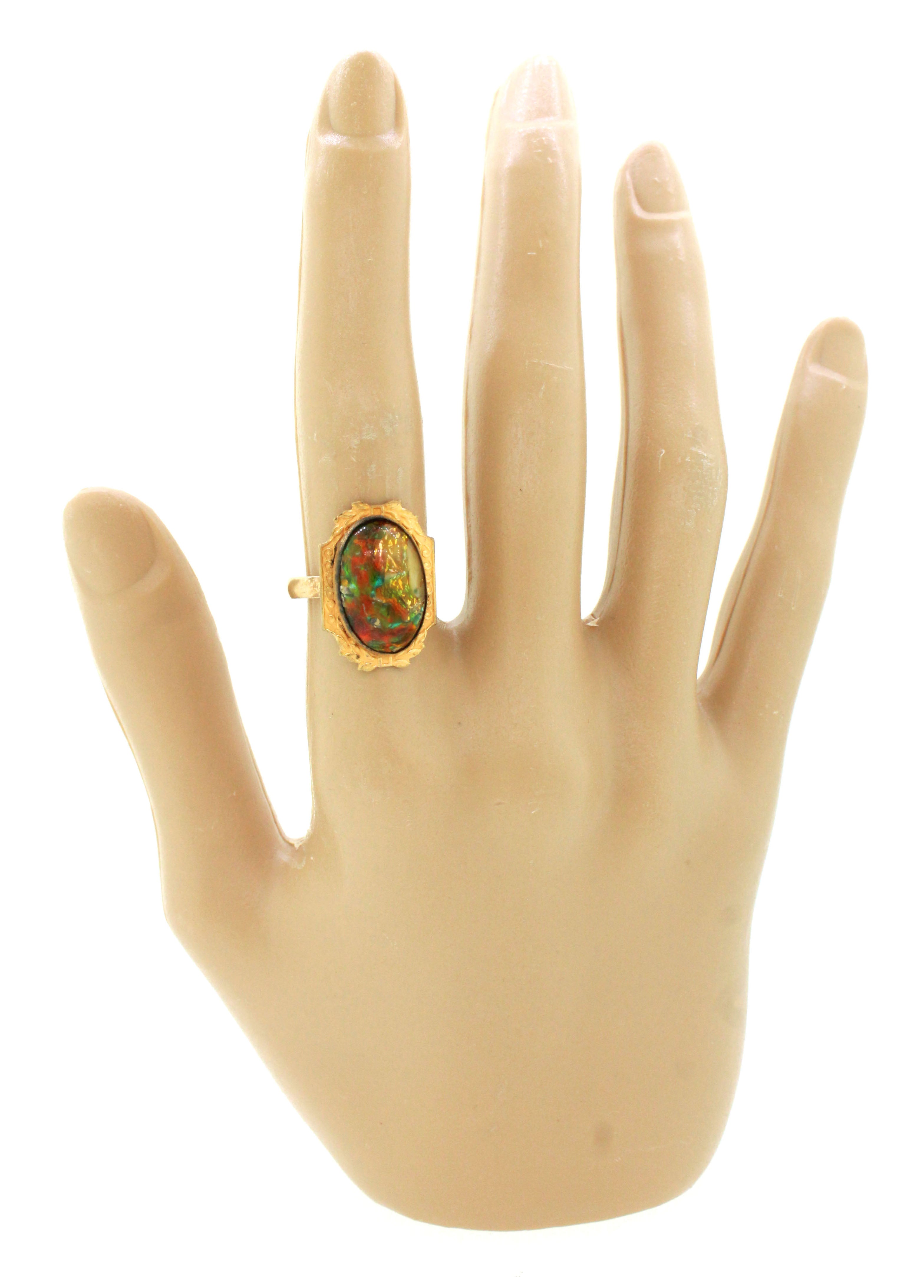 1930s Antique Art Deco 6ct Earth Tone Opal Cocktail Ring in 14k Yellow Gold
