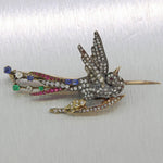 1830's Antique Victorian Silver Diamond Sapphire Emerald Ruby Bird Brooch Pin