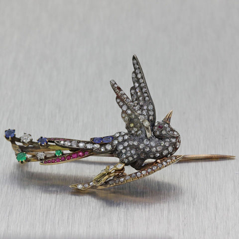 1830's Antique Victorian Silver Diamond Sapphire Emerald Ruby Bird Brooch Pin