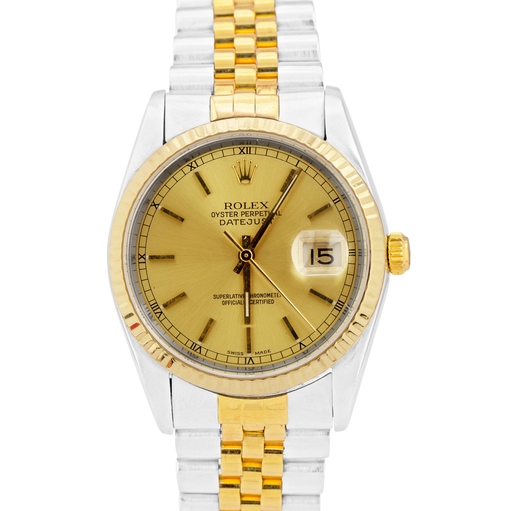 Rolex DateJust 36mm 18K Yellow Gold Stainless Champagne Jubilee Watch 16233