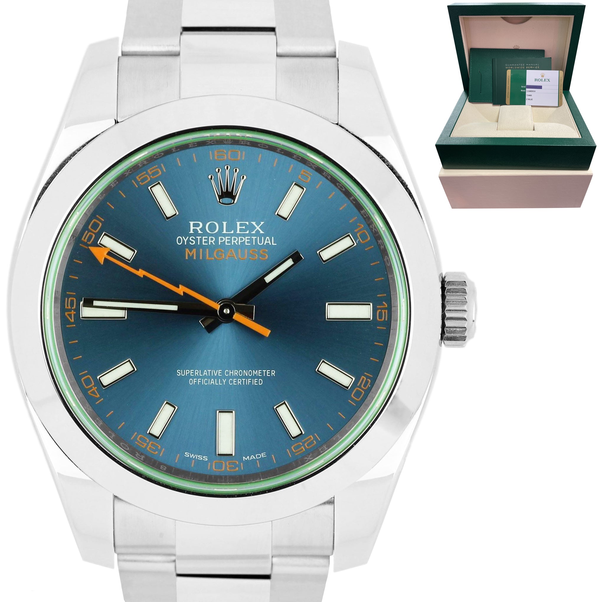 MINT 2019 Rolex Milgauss Z-Blue Green Anniversary 116400 GV Stainless Watch