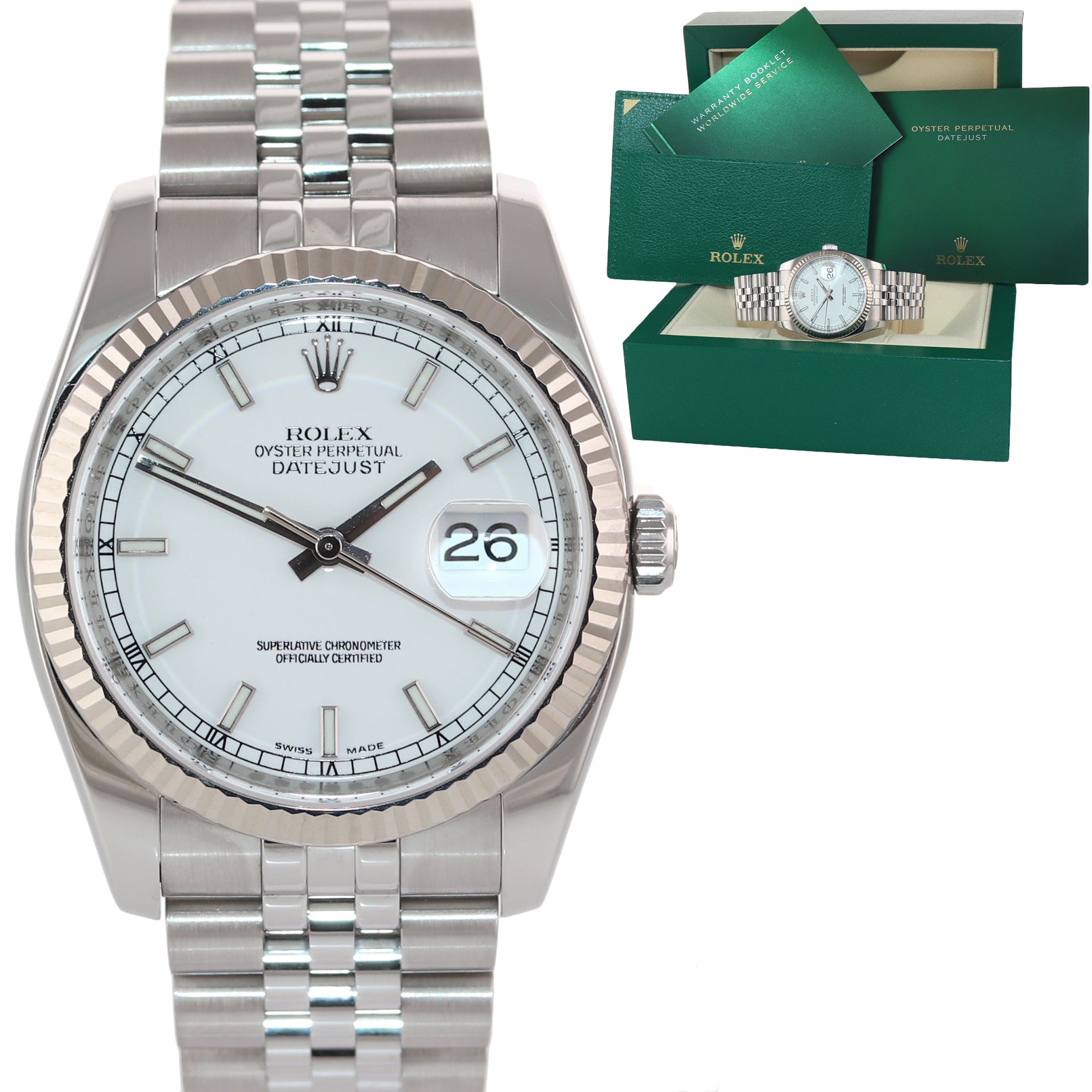 Rolex DateJust Steel White Stick Dial 116234 36mm Jubilee Watch