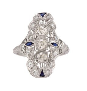 1930's Antique Art Deco Platinum 0.85ctw Diamond Sapphire Filigree Dinner Ring