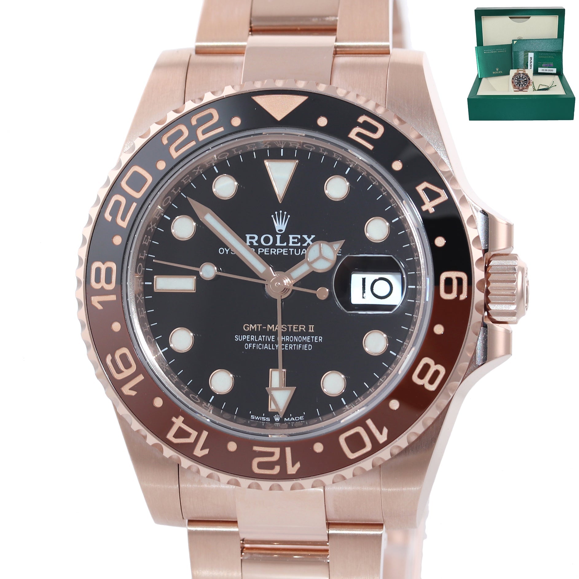 2020 PAPERS Rolex GMT Master Root Beer Ceramic Rose Gold 126715 Watch Box