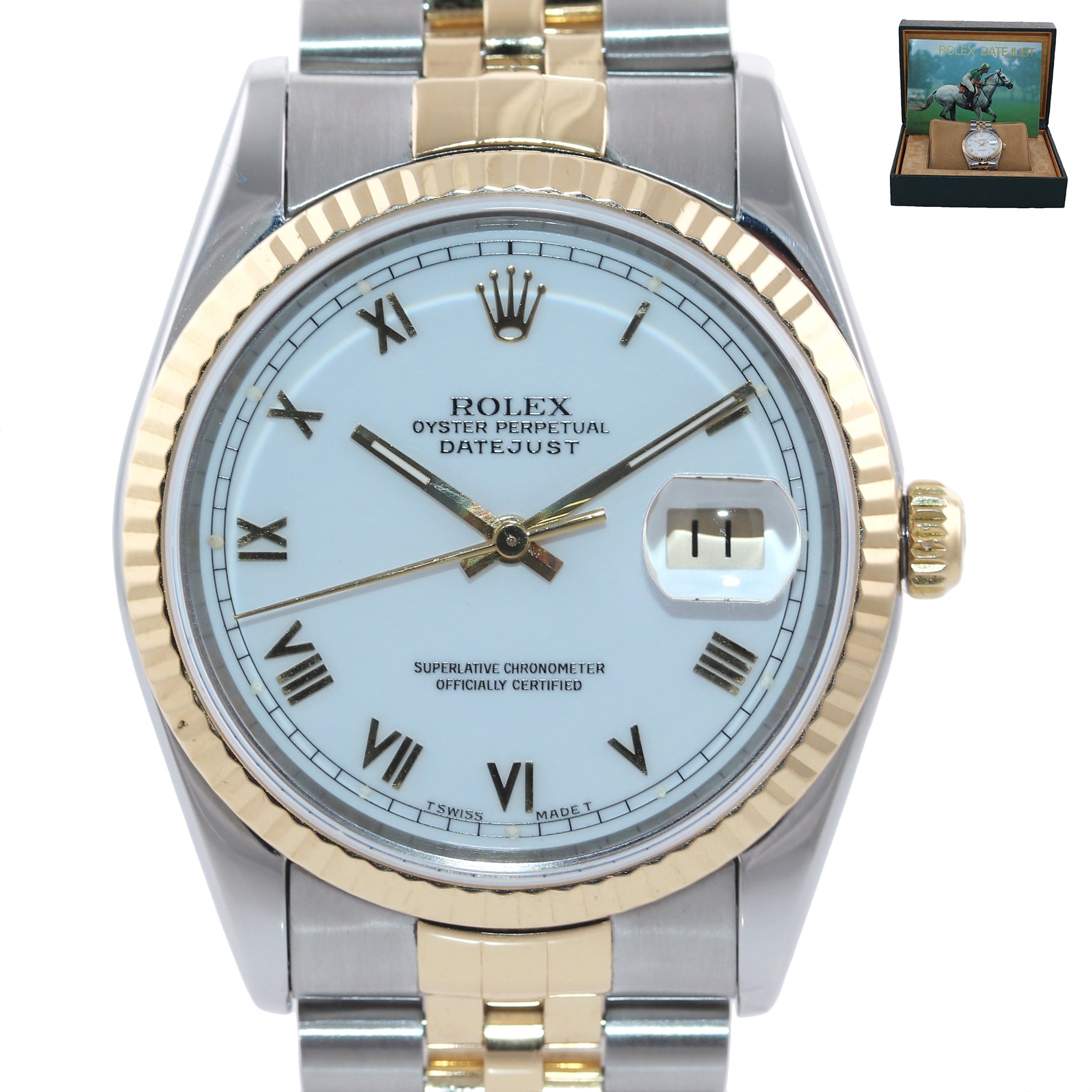 Rolex DateJust WHITE ROMAN 16233 Two Tone 18k Gold Steel Jubilee Watch Box
