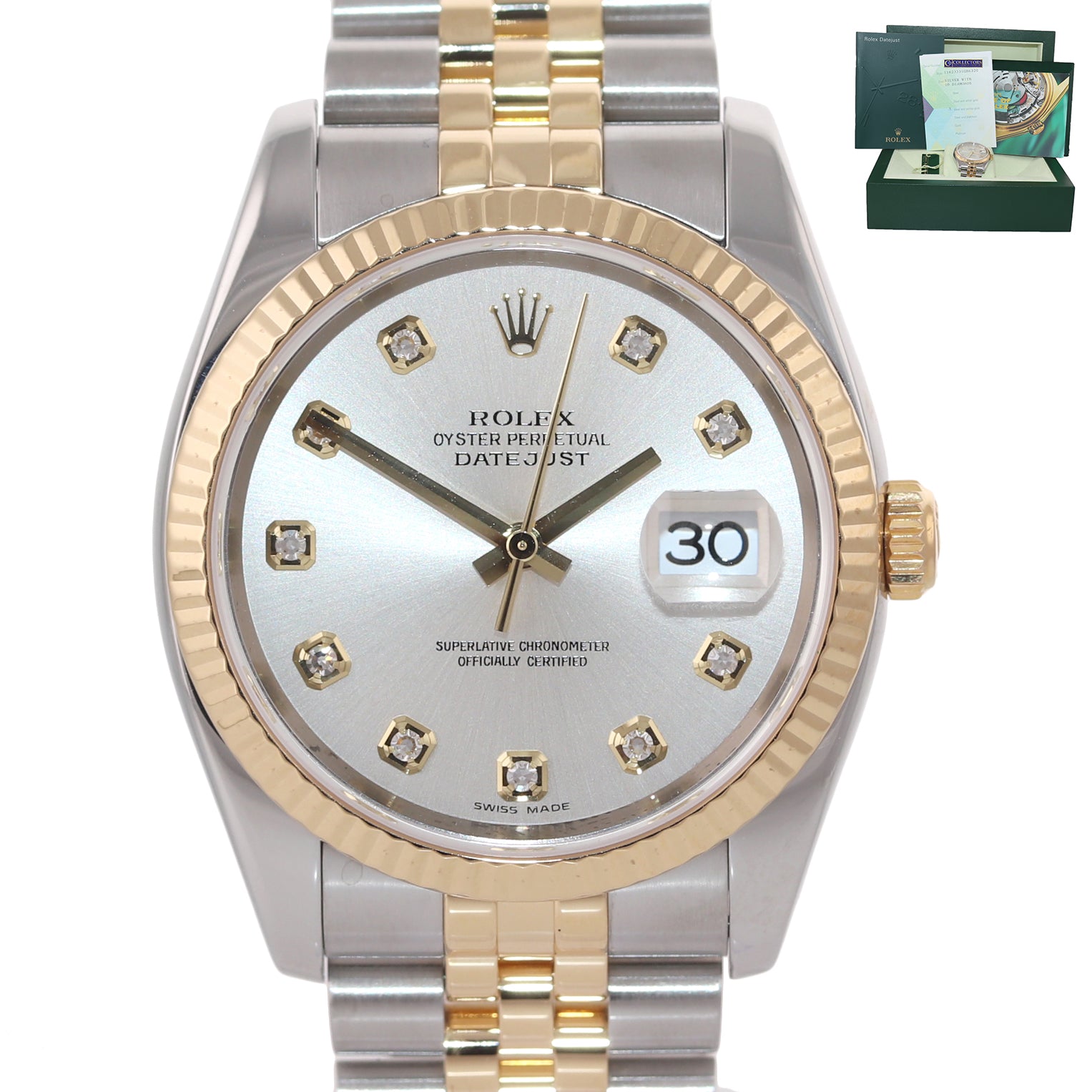 2008 PAPERS Rolex DateJust Jubilee 36mm Diamond 116233 Gold Two Tone Watch Box