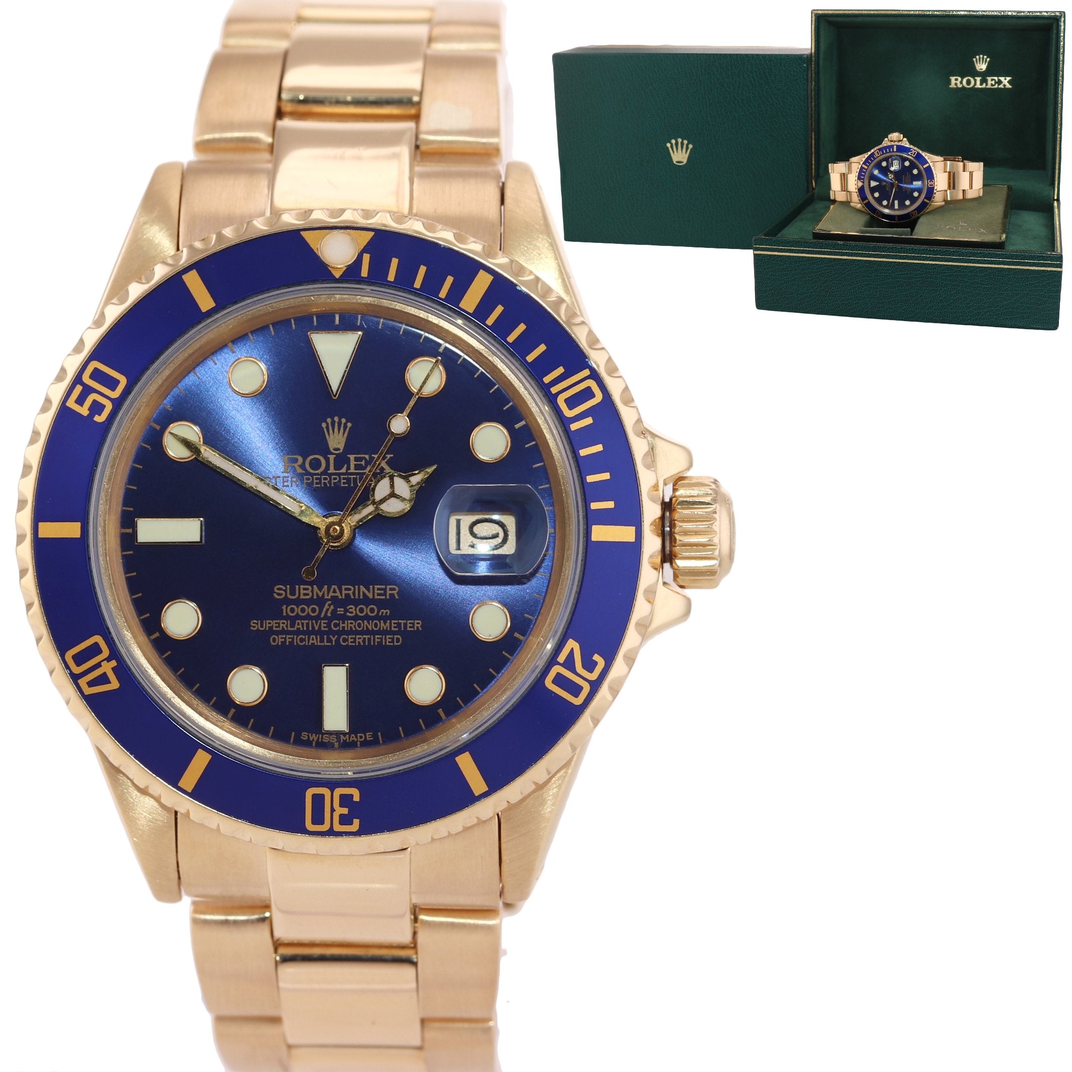 Rolex Submariner Date 16808 18k Yellow Gold Blue Dial 40mm Oyster Watch Box