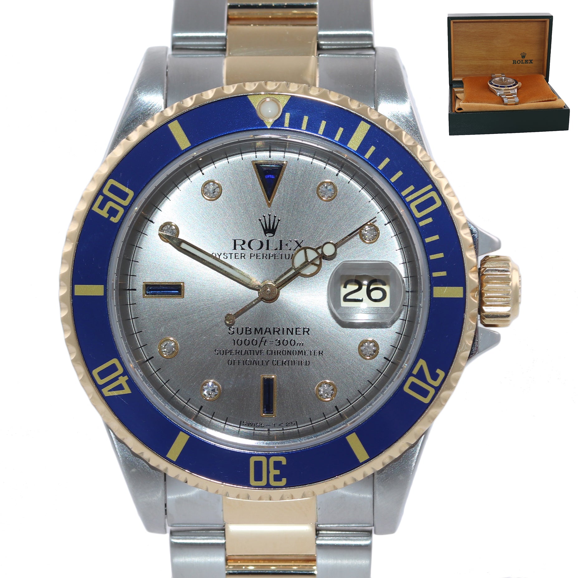 MINT Rolex Submariner 16613 Two Tone Serti Diamond 18k Yellow Gold Watch Box