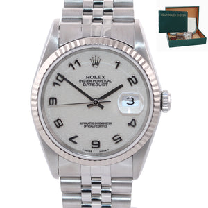 MINT Rolex DateJust 36mm 16234 Steel Silver Stick Jubilee 18k Fluted Watch Box