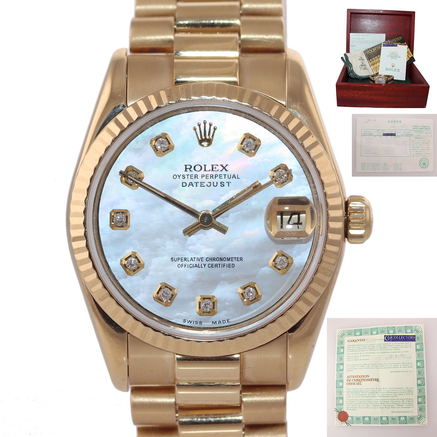 PAPERS MINT Rolex President 68278 Midsize 31mm 18k Gold MOP Diamond Watch Box