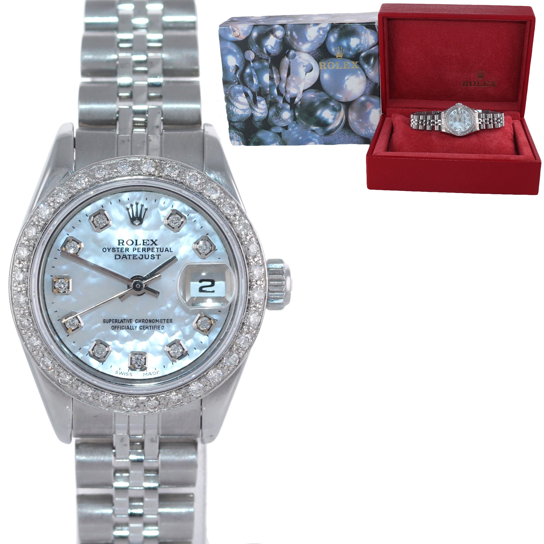Ladies Rolex DateJust 26mm MOP Diamond Fluted Bezel Steel Jubilee Watch 79174