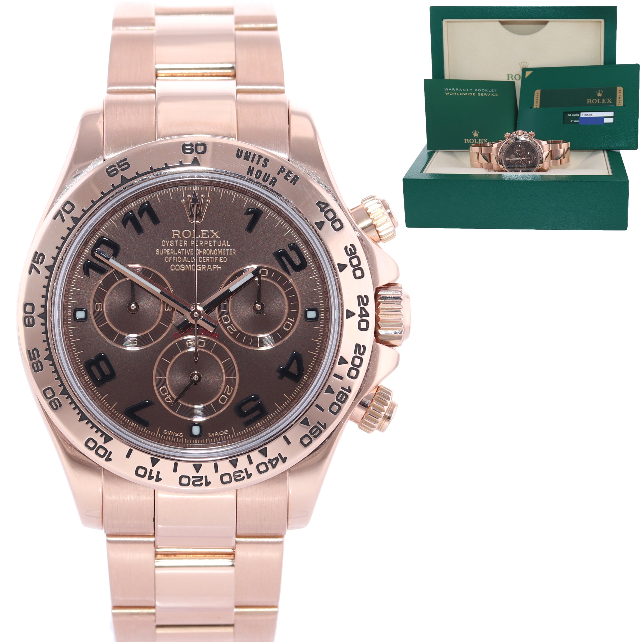 PAPERS Rolex Daytona Rose Gold Chocolate Arabic Dial 116505 Chrono Watch Box