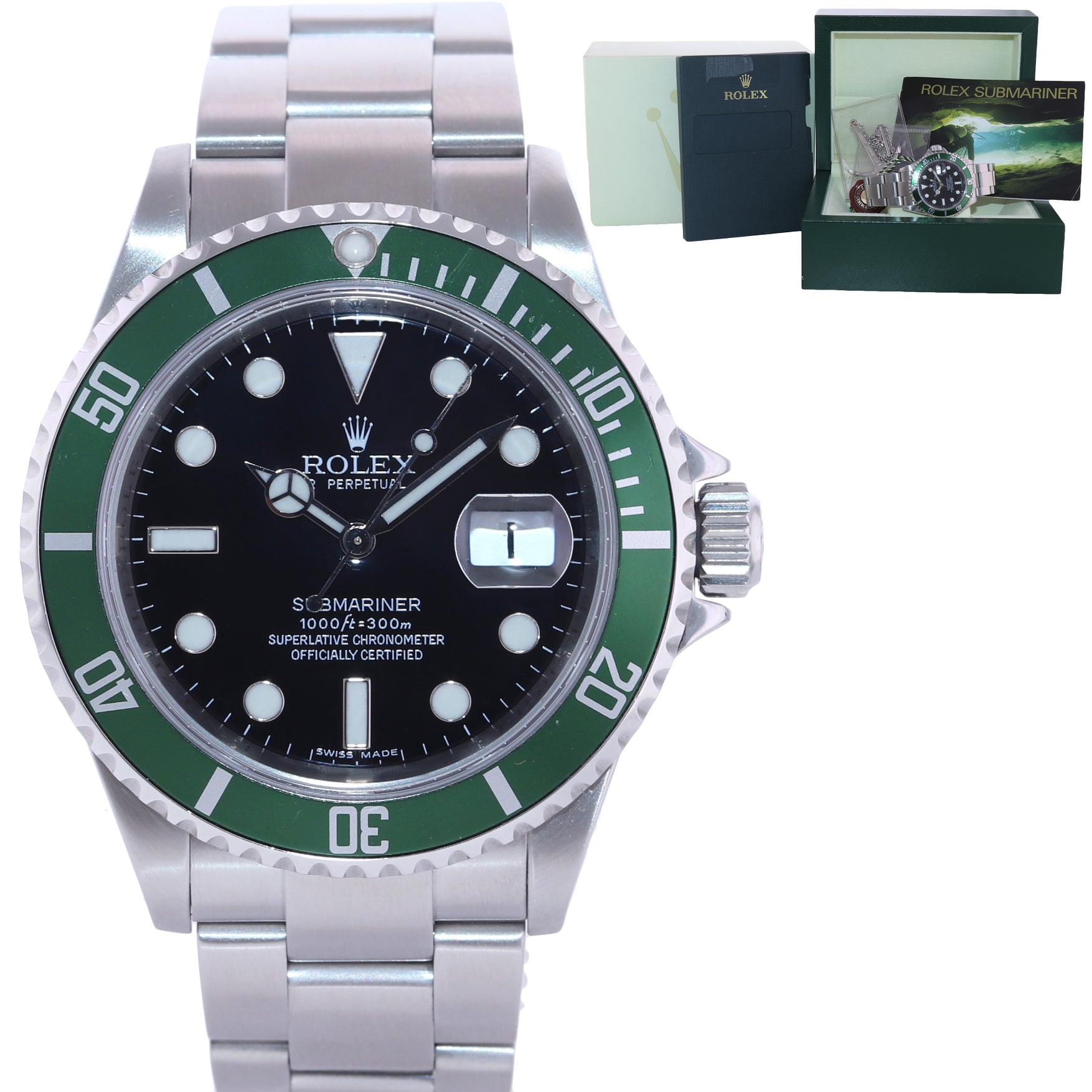 2008 Engraved Rehaut Rolex 16610LV Rolex Green Submariner Kermit Watch Box