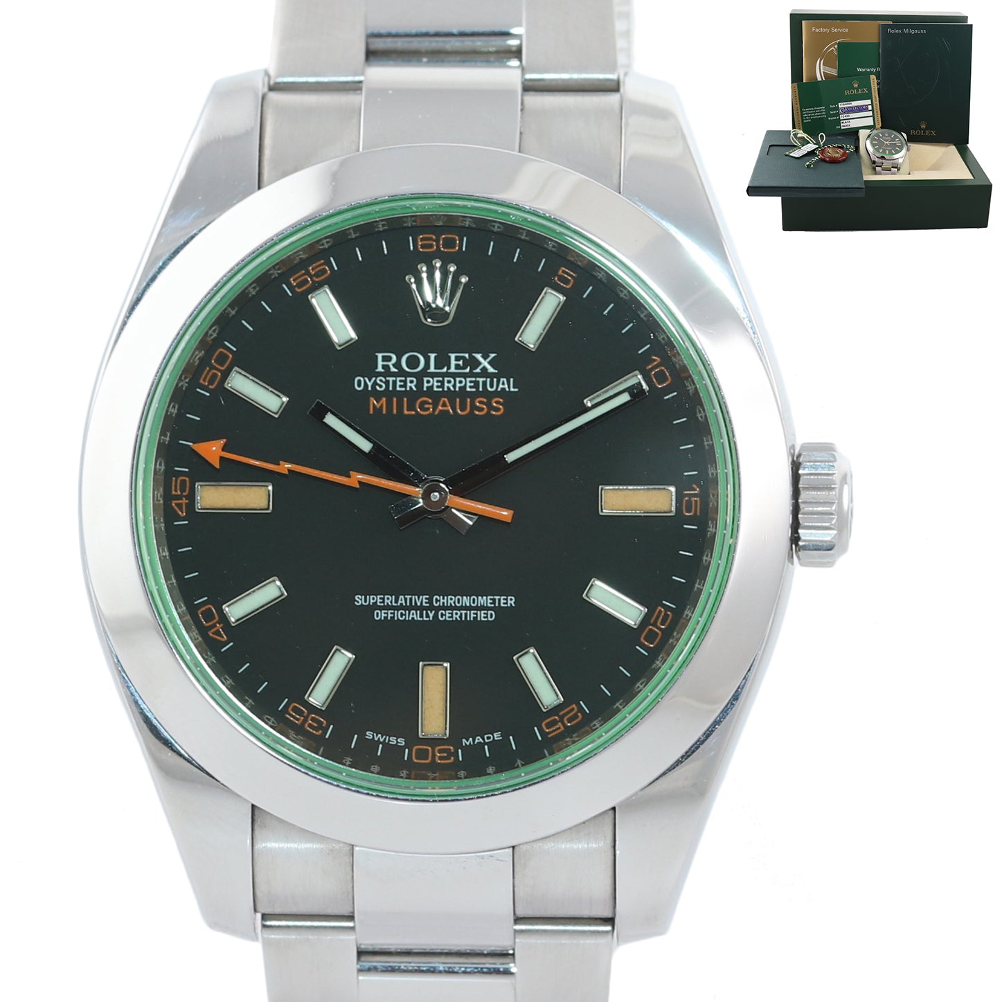 PAPERS Rolex Milgauss Green Anniversary 116400gv Steel Black Watch Box