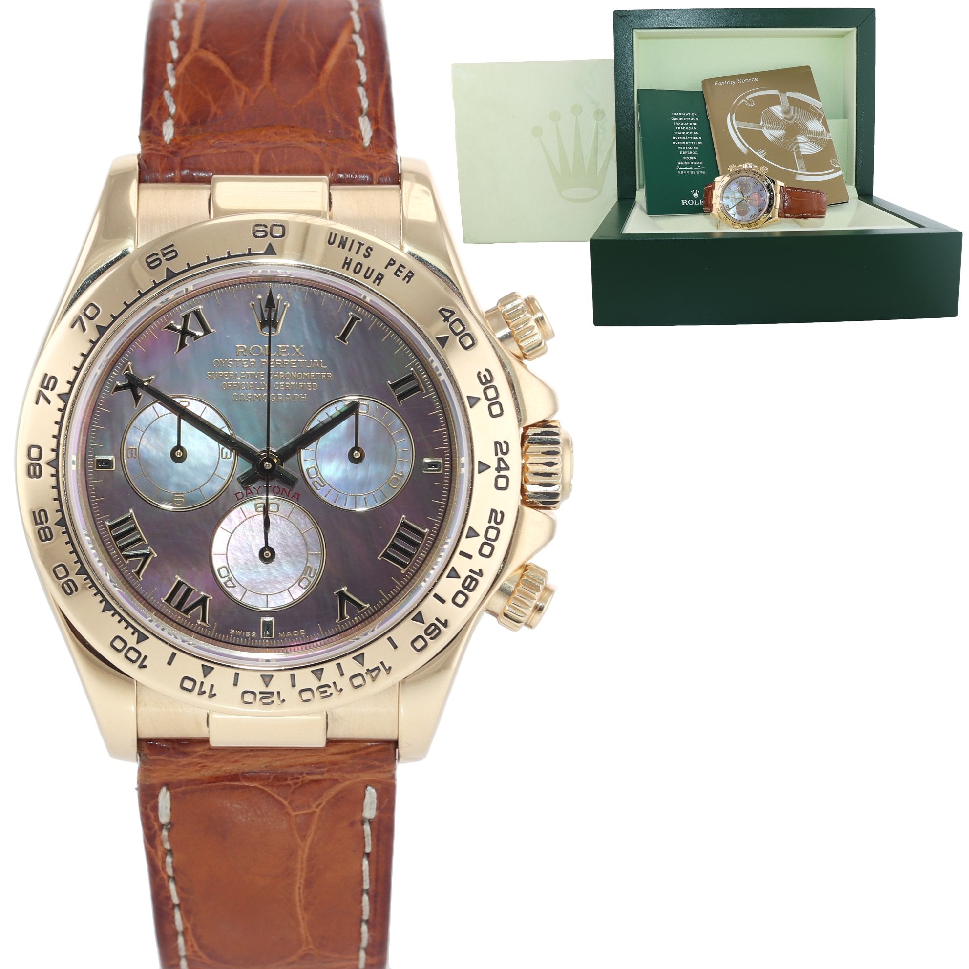 Rolex Daytona Mother of Pearl Dark MOP Roman 116518 Yellow Gold Leather Watch