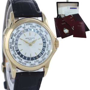 PAPERS Patek Philippe 5110J World Time 37mm Calatrava Yellow Gold Leather Watch