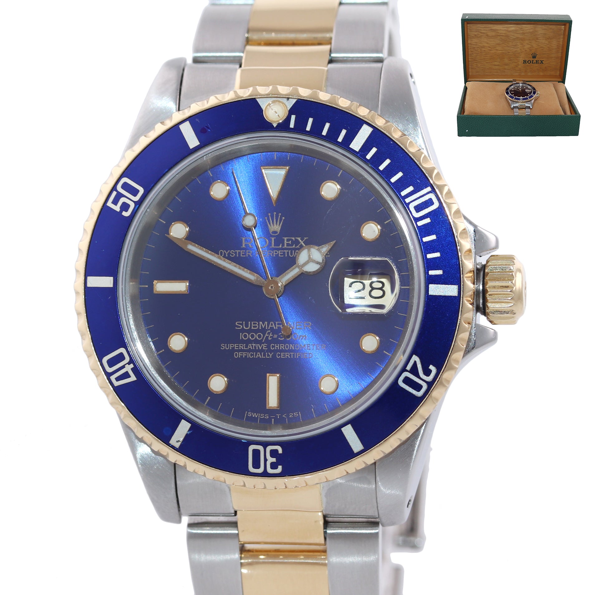 Rolex Submariner 16613 Two Tone Steel 18k Gold Blue Sunburst Purple Dial Watch
