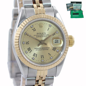 PAPERS Ladies Rolex 67193 Two Tone 18k Gold 26mm Champagne Diamond Watch Box
