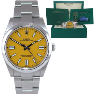 2021 PAPERS Rolex Oyster Perpetual 41mm Yellow Stick Oyster Watch 124300 Box