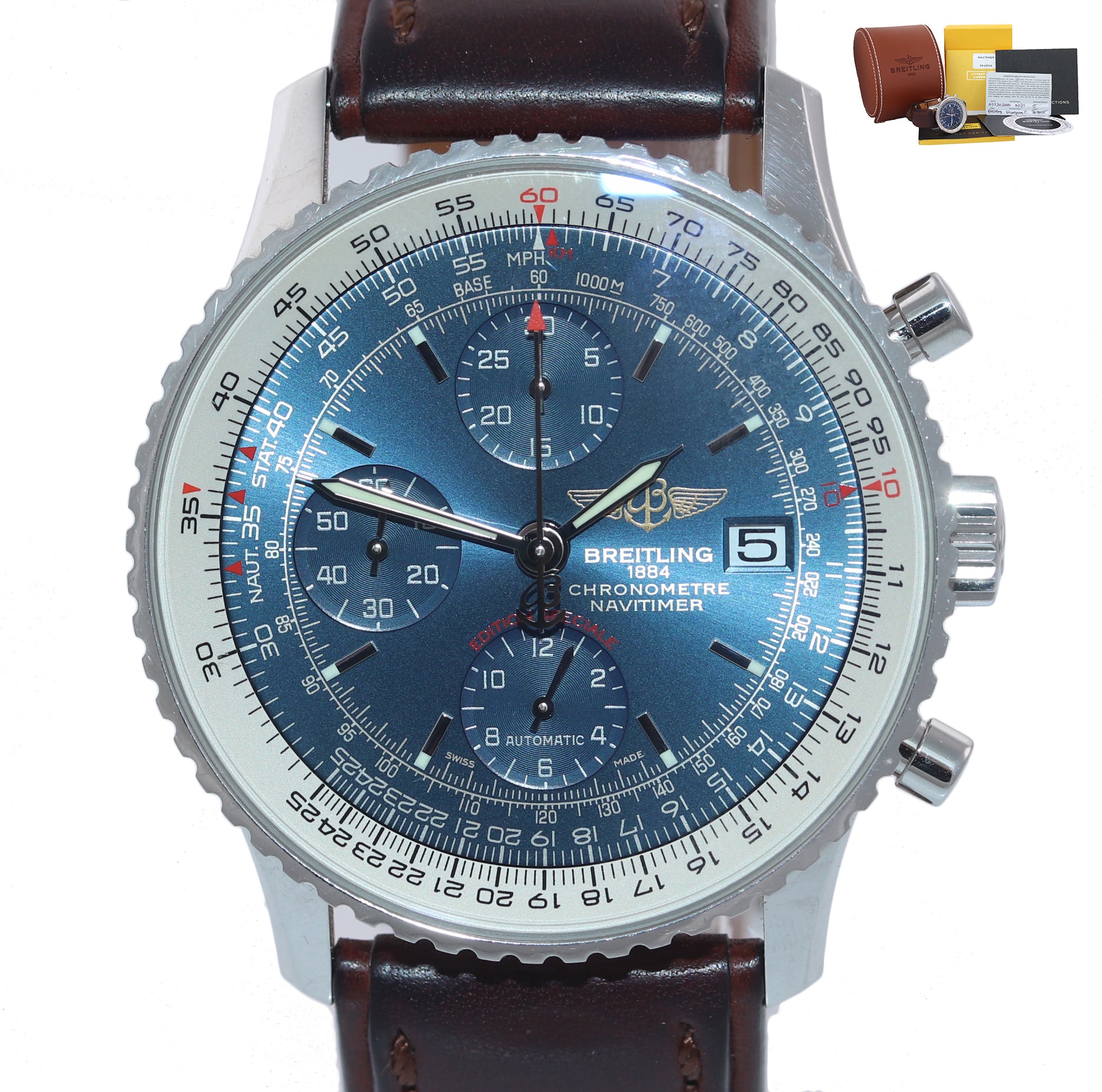 PAPERS Breitling Navitimer Chronograph 42mm Blue Dial Leather A13324 Watch